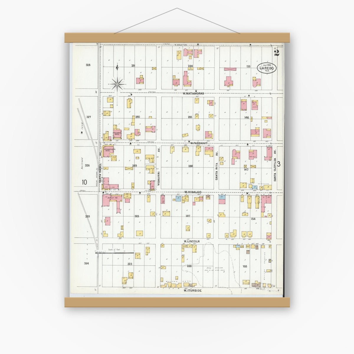 Old map wall art mockup — magnetic wood frame on white wall — Sanborn Fire Insurance Map from Laredo, Webb County, Texas (1900), Sheet #0002