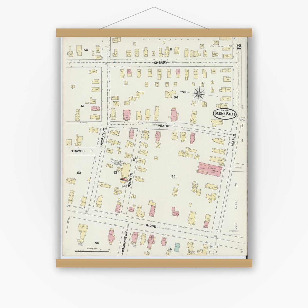 Old map wall art mockup — magnetic wood frame on white wall — Sanborn Fire Insurance Map from Glens Falls, Warren County, New York (1890) - Complete Map Set