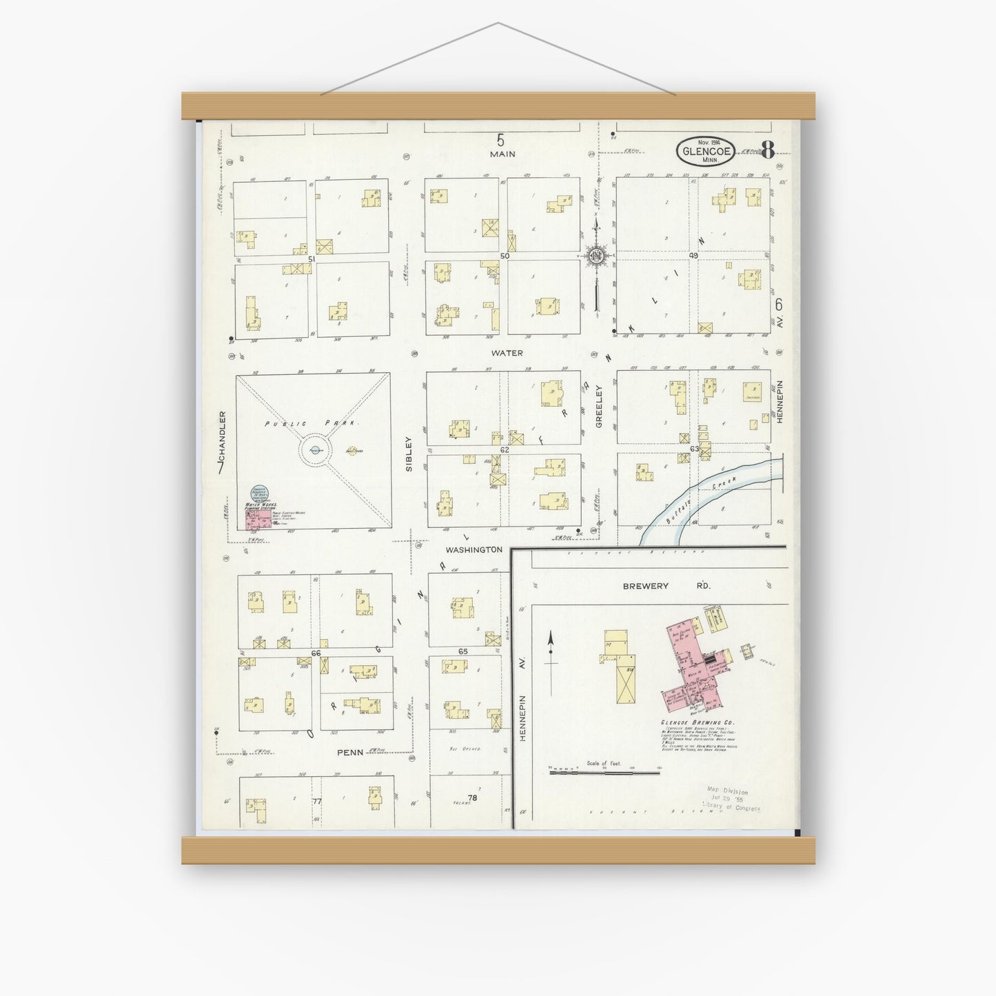 Old map wall art mockup — magnetic wood frame on white wall — Sanborn Fire Insurance Map from Glencoe, Mcleod County, Minnesota (1914), Sheet #0008