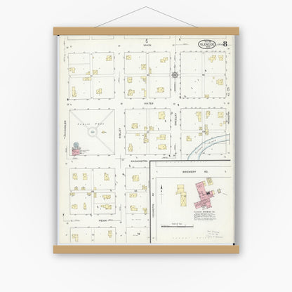 Old map wall art mockup — magnetic wood frame on white wall — Sanborn Fire Insurance Map from Glencoe, Mcleod County, Minnesota (1914), Sheet #0008