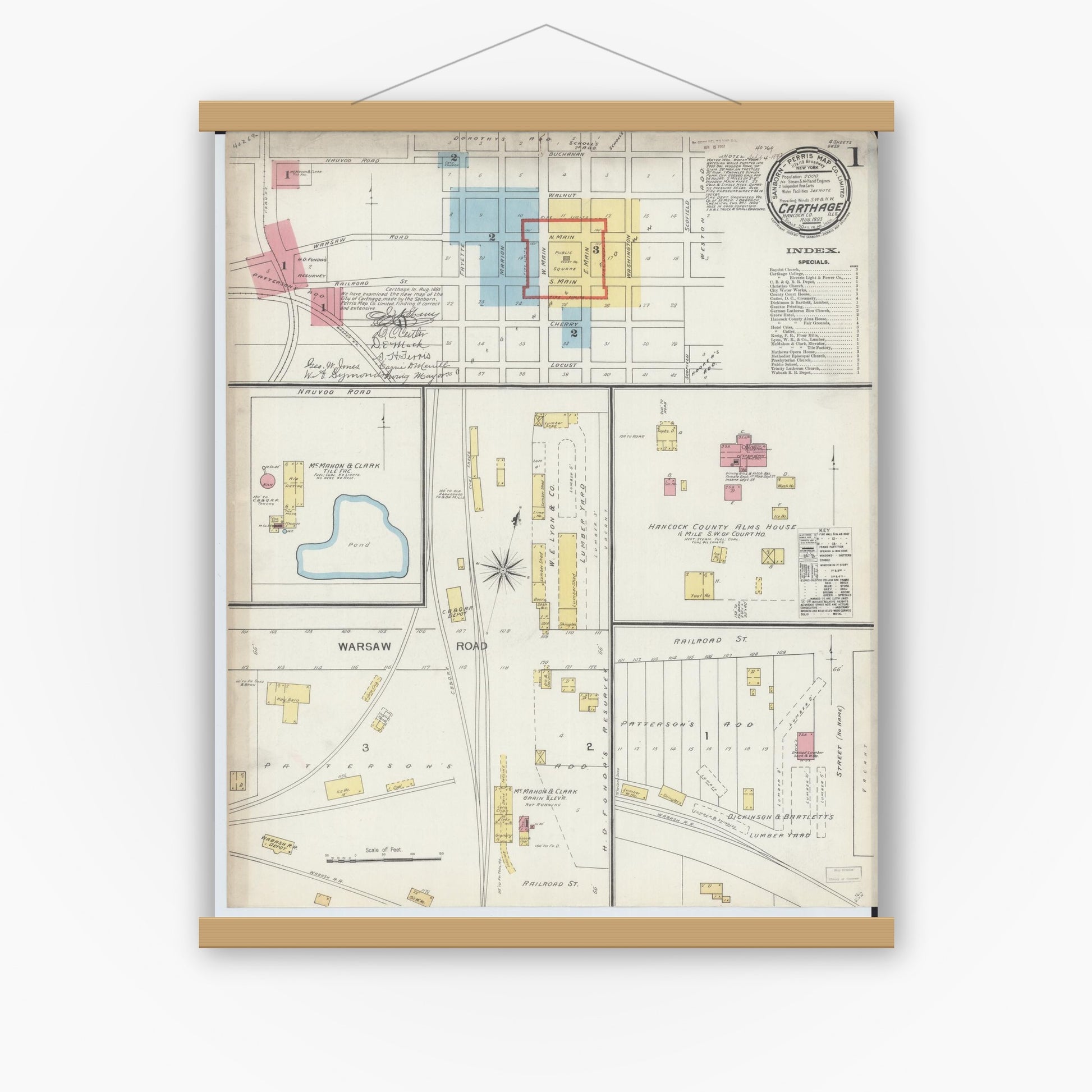 Old map wall art mockup — magnetic wood frame on white wall — Sanborn Fire Insurance Map from Carthage, Hancock County, Illinois (1893) - Complete Map Set