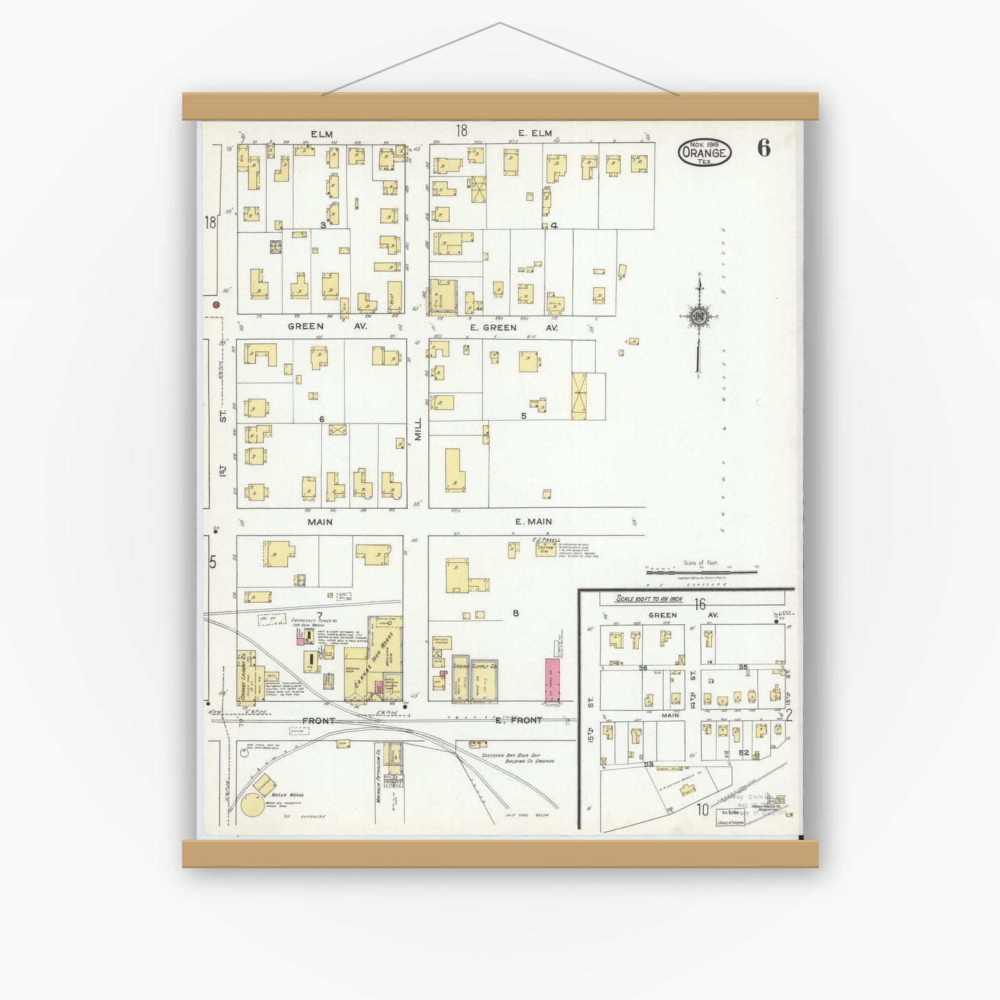 Old map wall art mockup — magnetic wood frame on white wall — Sanborn Fire Insurance Map from Orange, Orange County, Texas (1919), Sheet #0006
