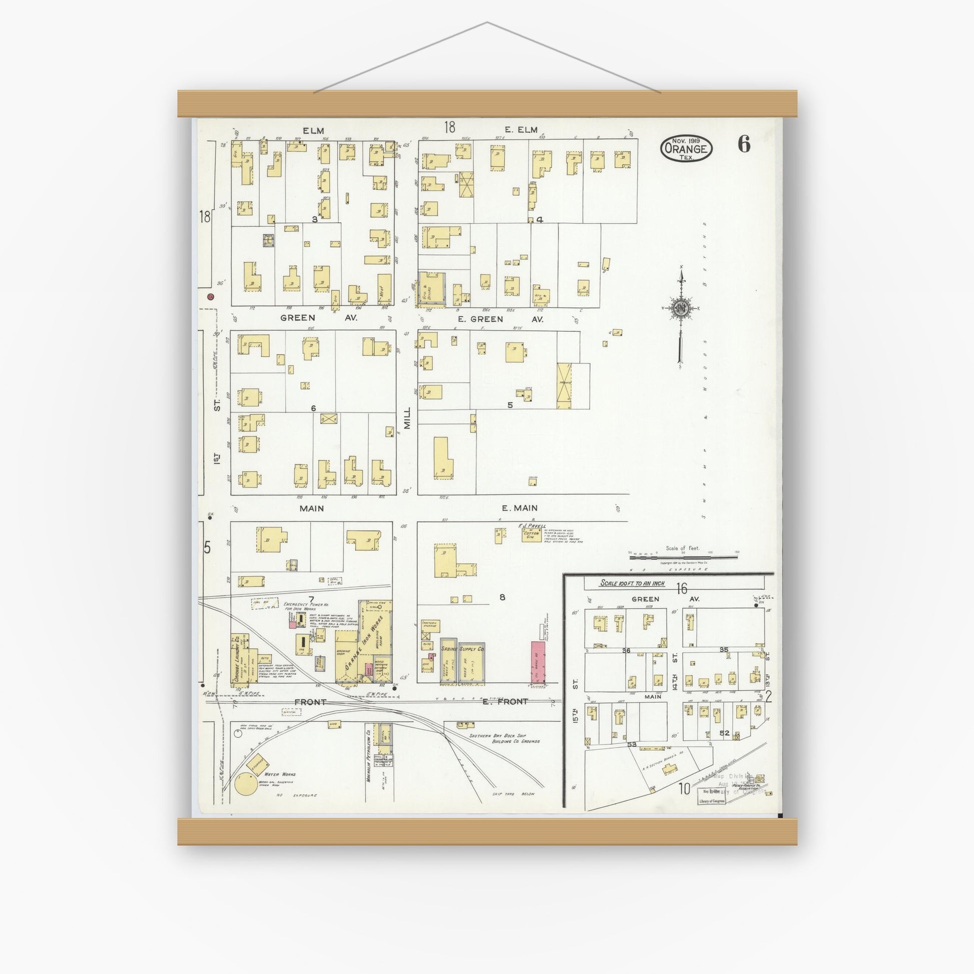 Old map wall art mockup — magnetic wood frame on white wall — Sanborn Fire Insurance Map from Orange, Orange County, Texas (1919), Sheet #0006