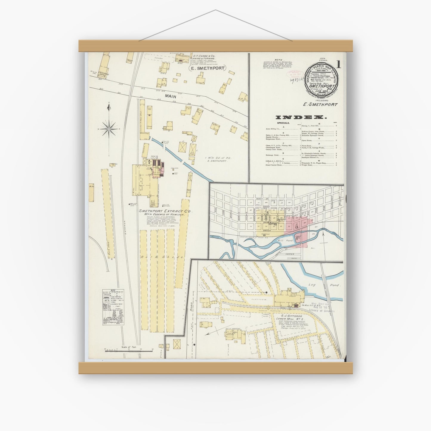 Old map wall art mockup — magnetic wood frame on white wall — Sanborn Fire Insurance Map from Smethport, McKean County, Pennsylvania (1892) - Complete Map Set