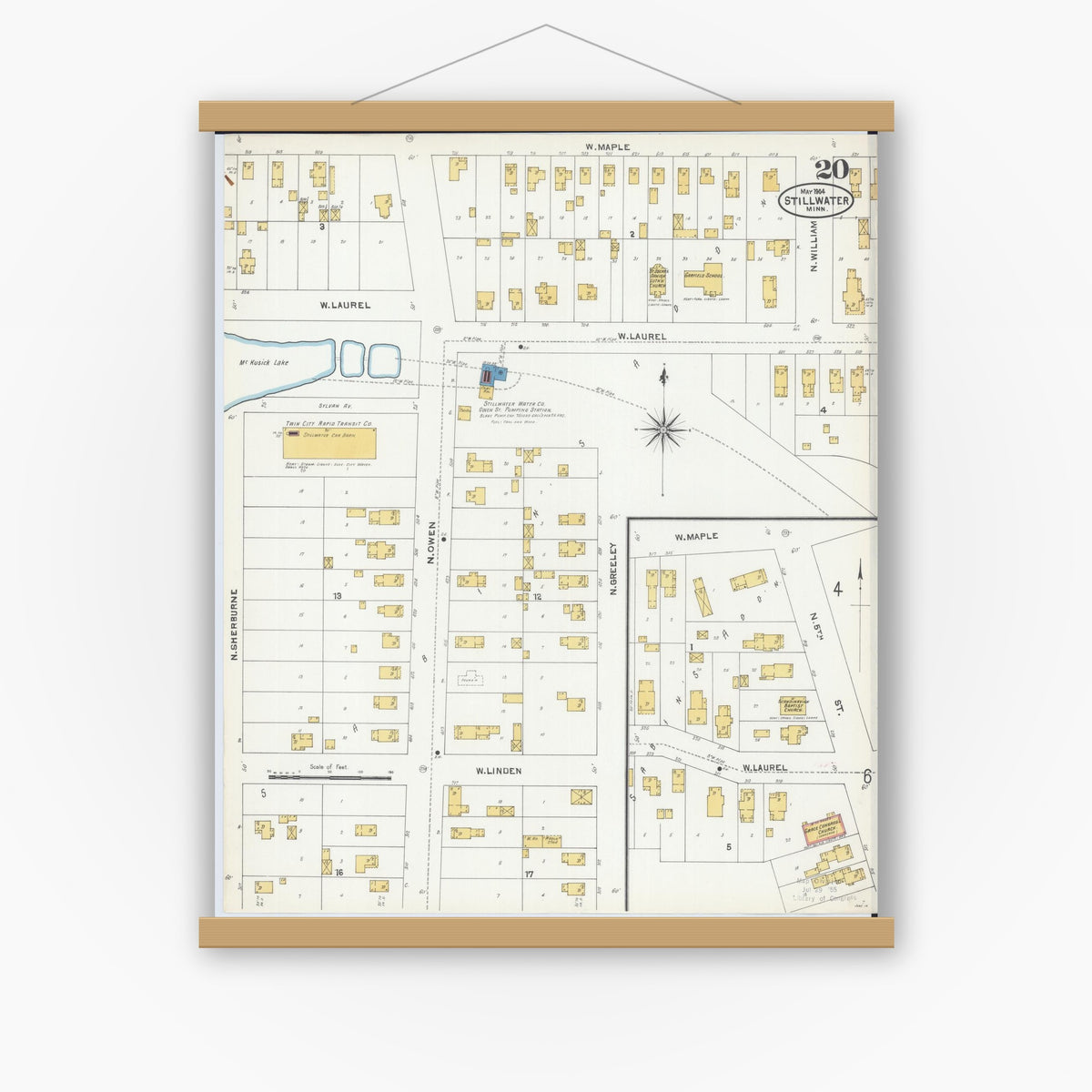Old map wall art mockup — magnetic wood frame on white wall — Sanborn Fire Insurance Map from Stillwater, Washington County, Minnesota (1904), Sheet #0020