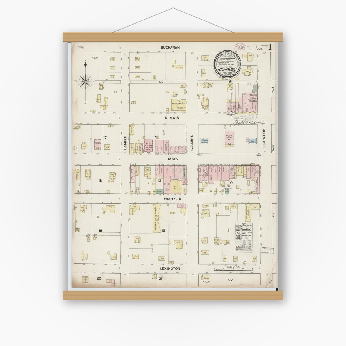 Old map wall art mockup — magnetic wood frame on white wall — Sanborn Fire Insurance Map from Richmond, Ray County, Missouri (1888) - Complete Map Set