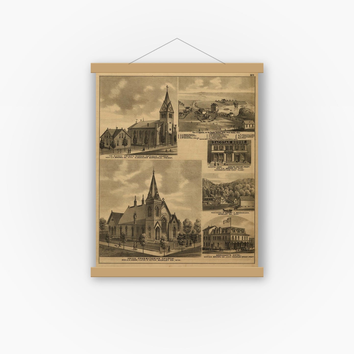 Old map wall art mockup — magnetic wood frame on white wall — An illustrated historical atlas of the state of Minnesota (1874)