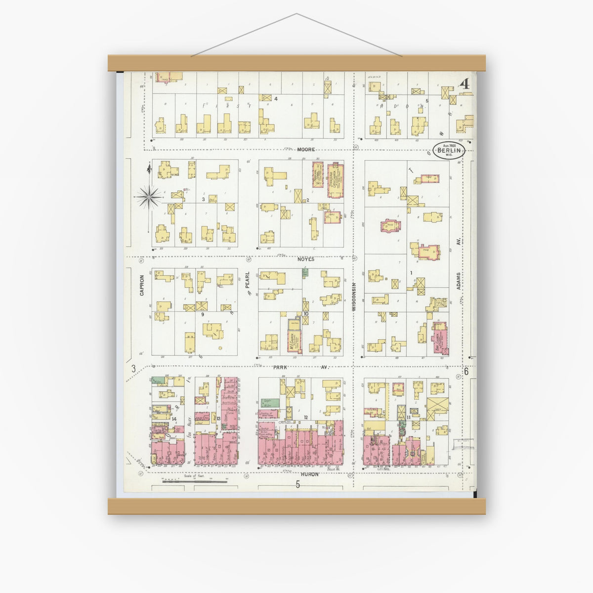 Old map wall art mockup — magnetic wood frame on white wall — Sanborn Fire Insurance Map from Berlin, Green Lake County, Wisconsin (1900), Sheet #0004