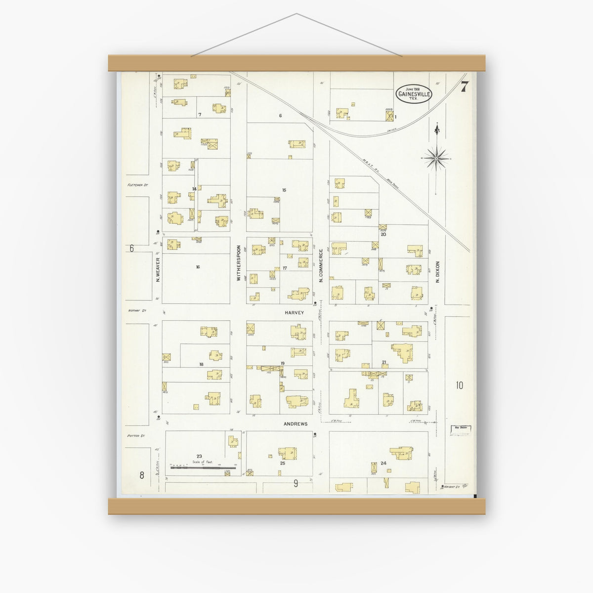 Old map wall art mockup — magnetic wood frame on white wall — Sanborn Fire Insurance Map from Gainesville, Cooke County, Texas (1908), Sheet #0007