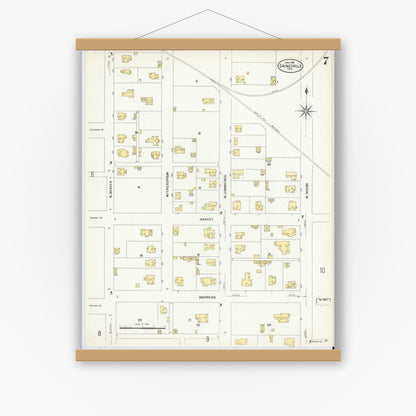 Old map wall art mockup — magnetic wood frame on white wall — Sanborn Fire Insurance Map from Gainesville, Cooke County, Texas (1908), Sheet #0007