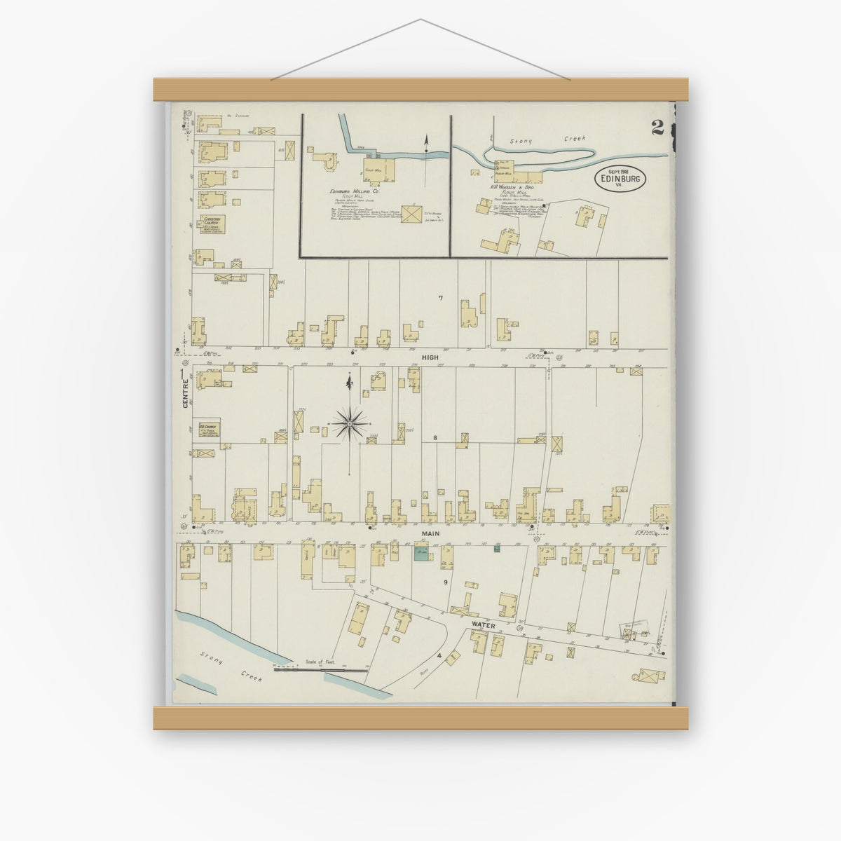 Old map wall art mockup — magnetic wood frame on white wall — Sanborn Fire Insurance Map from Edinburg, Shenandoah County, Virginia (1908), Sheet #0002