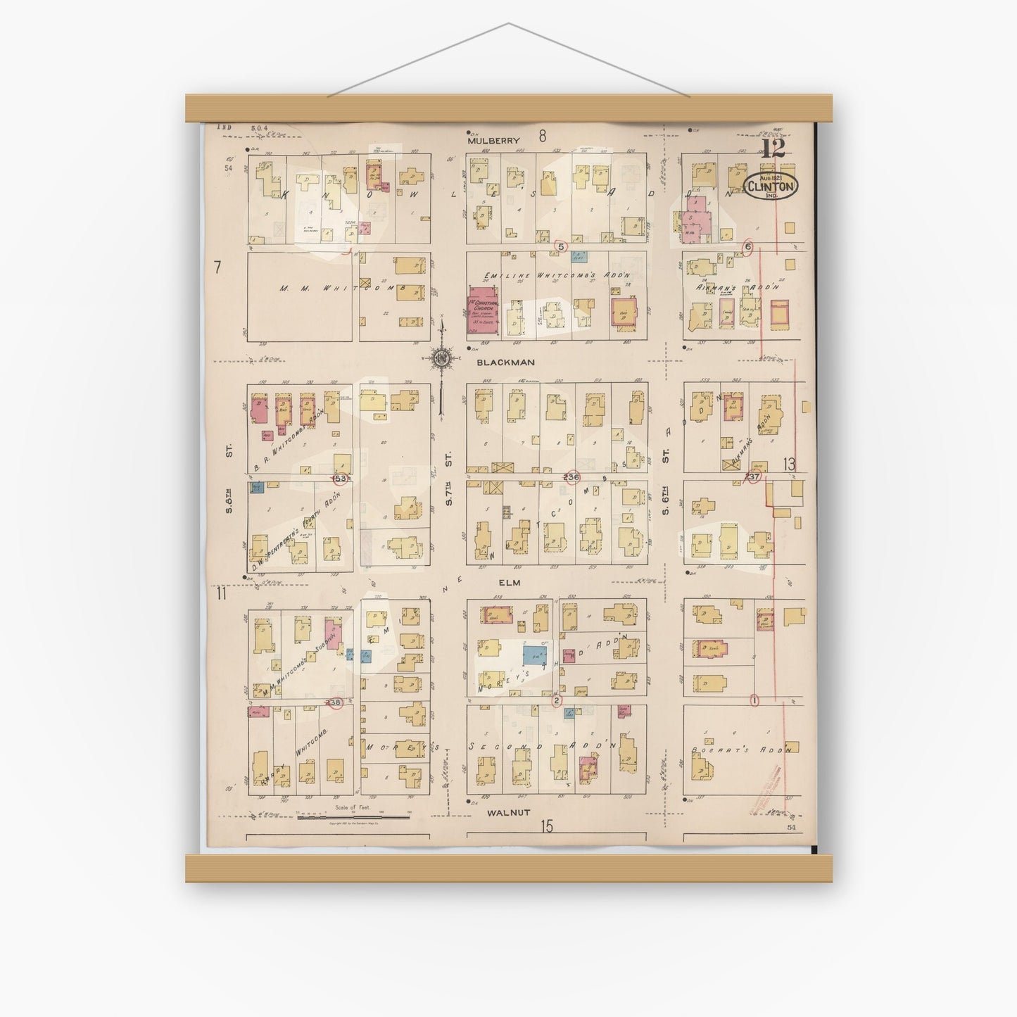 Old map wall art mockup — magnetic wood frame on white wall — Sanborn Fire Insurance Map from Clinton, Vermillion County, Indiana (1947), Sheet #0012
