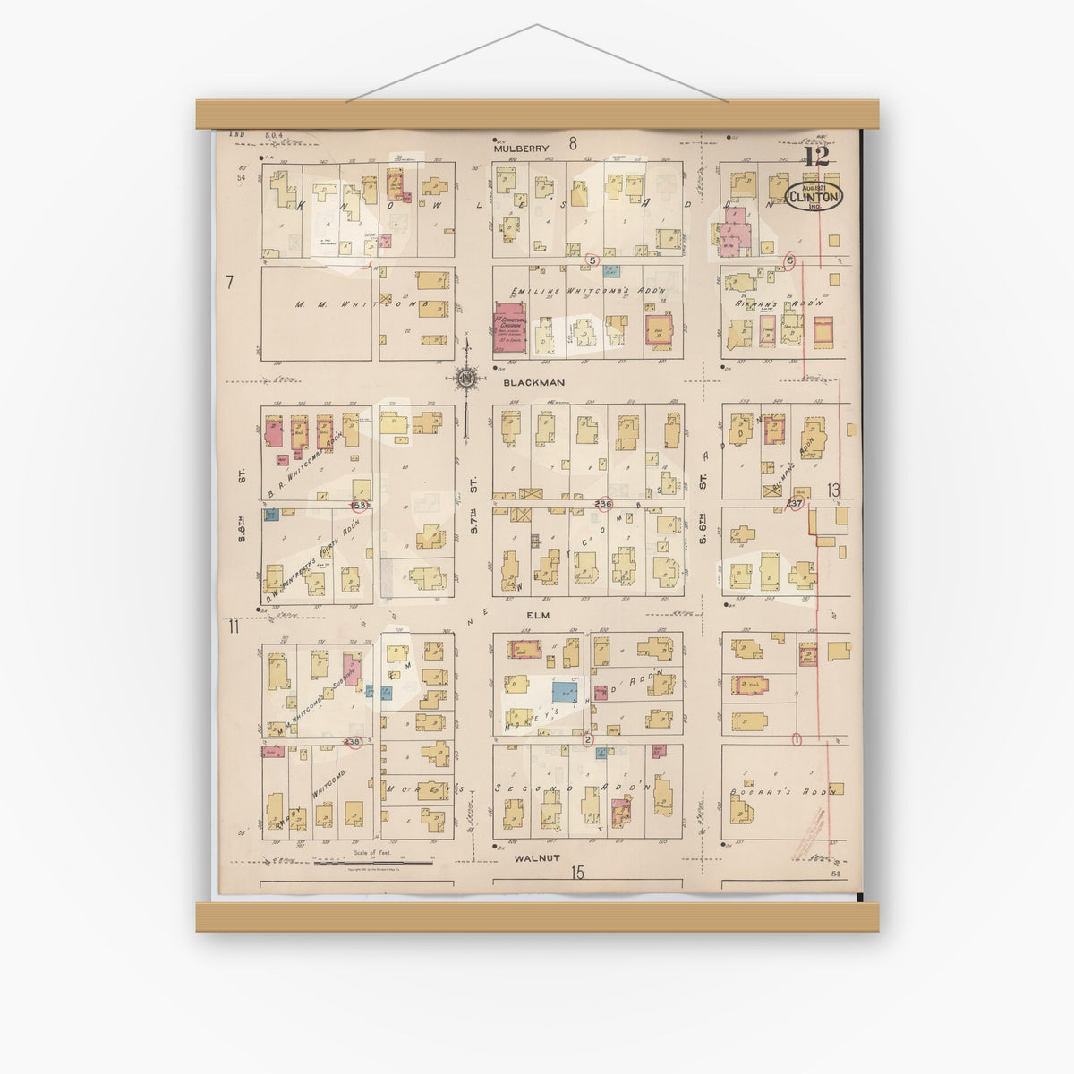 Old map wall art mockup — magnetic wood frame on white wall — Sanborn Fire Insurance Map from Clinton, Vermillion County, Indiana (1947), Sheet #0012