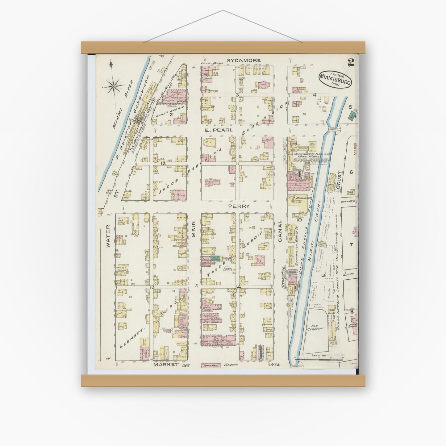 Old map wall art mockup — magnetic wood frame on white wall — Sanborn Fire Insurance Map from Miamisburg, Montgomery County, Ohio (1886), Sheet #0002