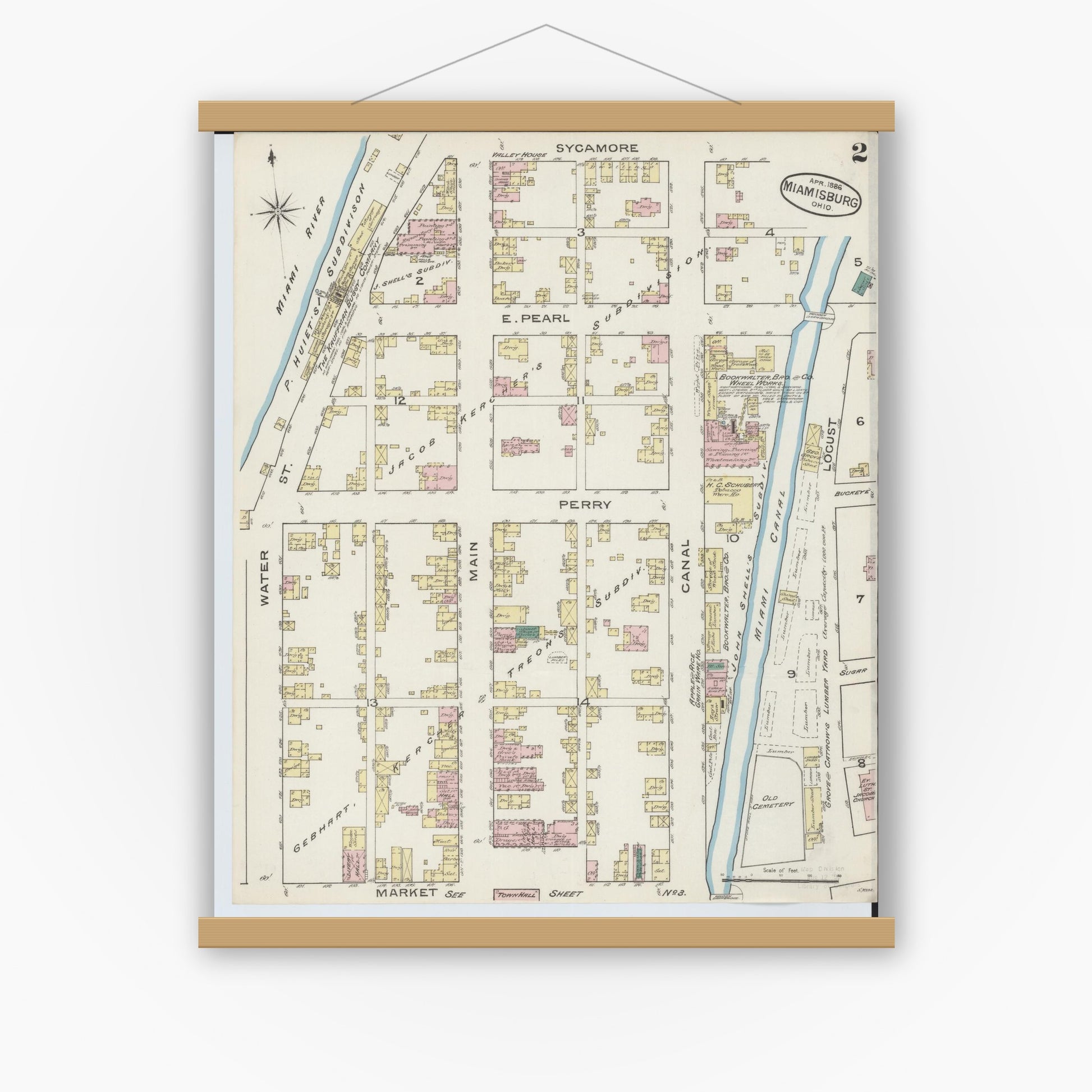 Old map wall art mockup — magnetic wood frame on white wall — Sanborn Fire Insurance Map from Miamisburg, Montgomery County, Ohio (1886), Sheet #0002
