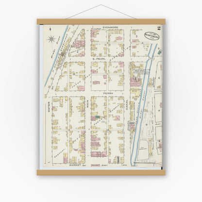 Old map wall art mockup — magnetic wood frame on white wall — Sanborn Fire Insurance Map from Miamisburg, Montgomery County, Ohio (1886), Sheet #0002