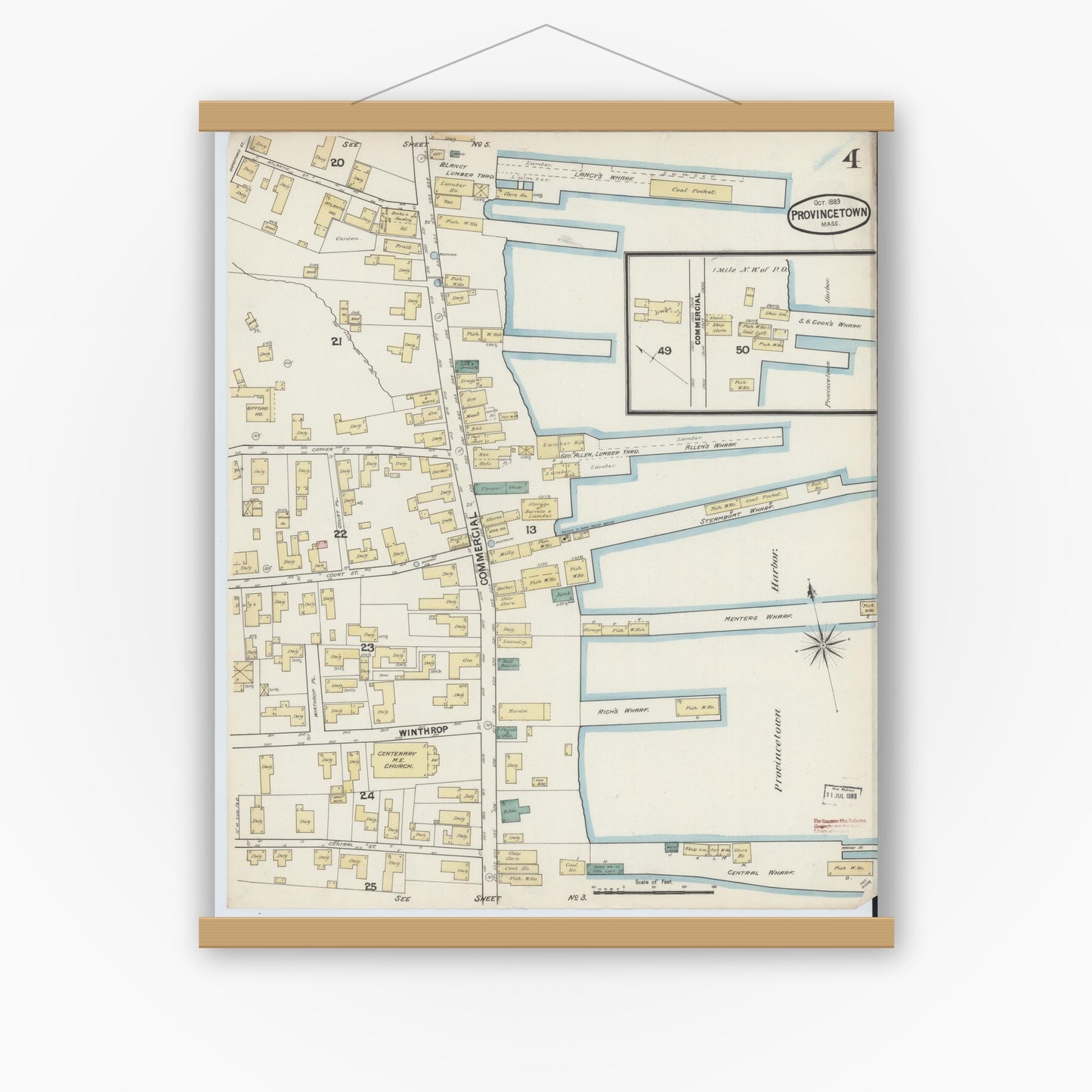 Old map wall art mockup — magnetic wood frame on white wall — Sanborn Fire Insurance Map from Provincetown, Barnstable County, Massachusetts (1889), Sheet #0004