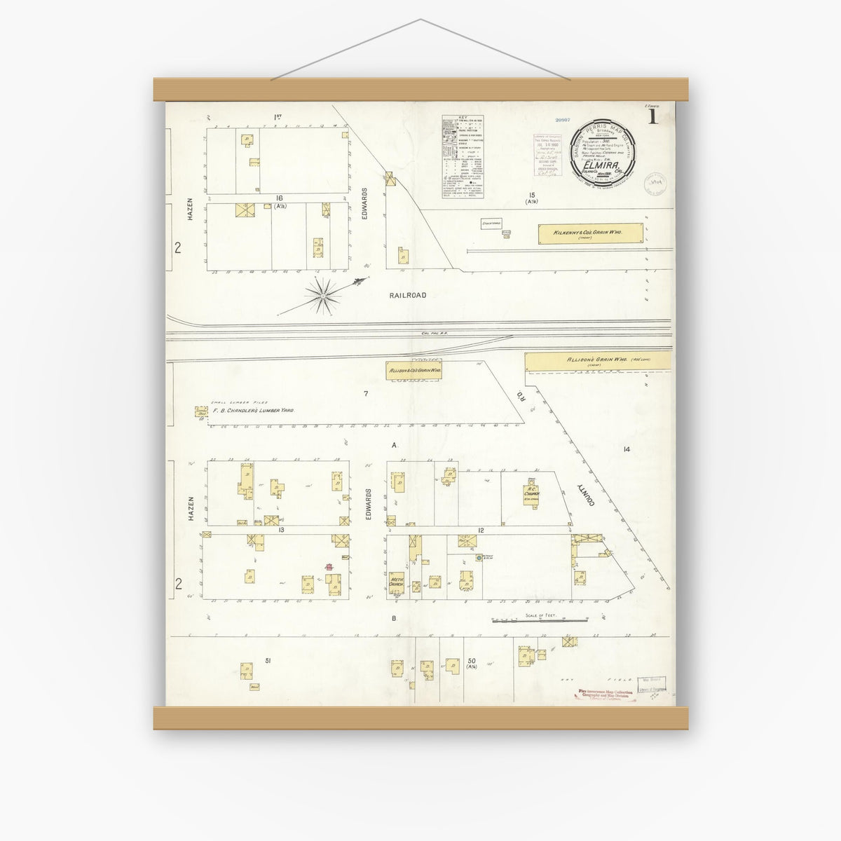 Old map wall art mockup — magnetic wood frame on white wall — Sanborn Fire Insurance Map from Elmira, Solano County, California (1900) - Complete Map Set