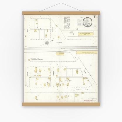 Old map wall art mockup — magnetic wood frame on white wall — Sanborn Fire Insurance Map from Elmira, Solano County, California (1900) - Complete Map Set