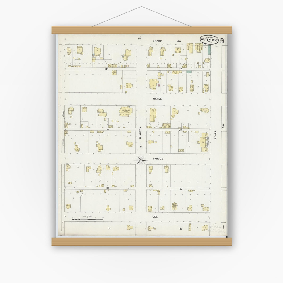 Old map wall art mockup — magnetic wood frame on white wall — Sanborn Fire Insurance Map from Whitewright, Grayson County, Texas (1896), Sheet #0005