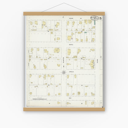 Old map wall art mockup — magnetic wood frame on white wall — Sanborn Fire Insurance Map from Whitewright, Grayson County, Texas (1896), Sheet #0005