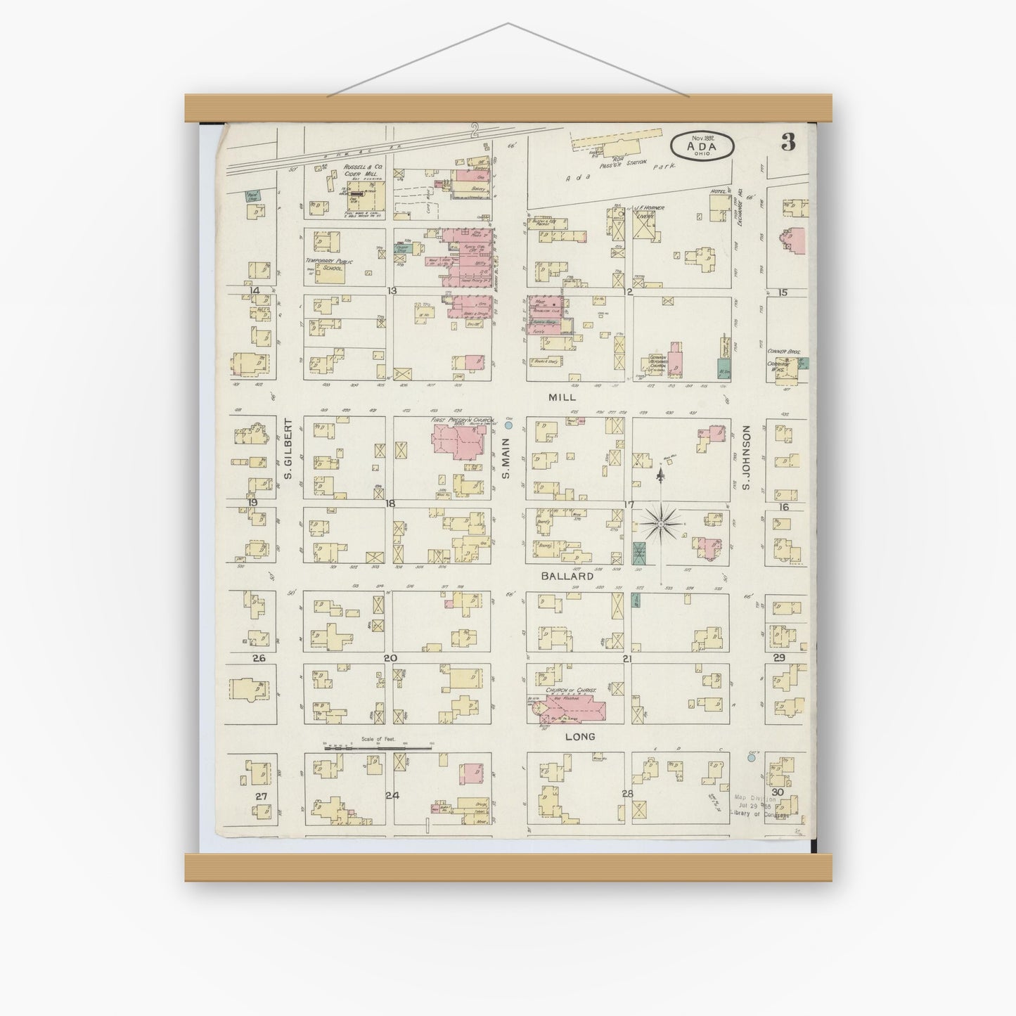 Old map wall art mockup — magnetic wood frame on white wall — Sanborn Fire Insurance Map from Ada, Hardin County, Ohio (1892), Sheet #0003