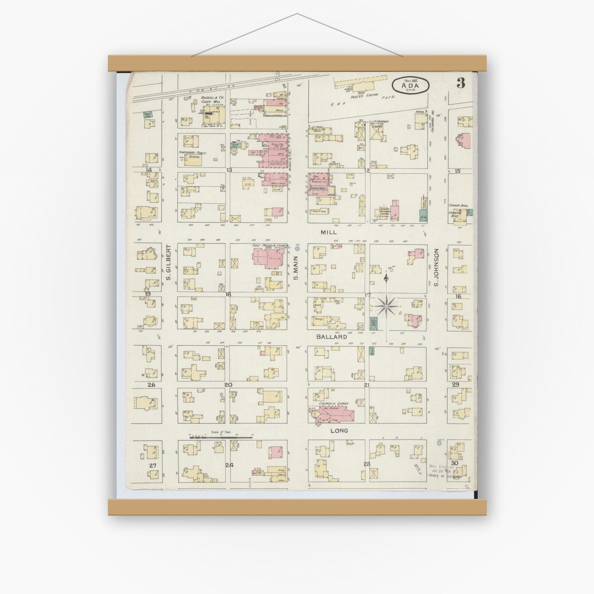 Old map wall art mockup — magnetic wood frame on white wall — Sanborn Fire Insurance Map from Ada, Hardin County, Ohio (1892), Sheet #0003