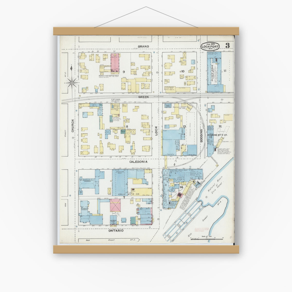Old map wall art mockup — magnetic wood frame on white wall — Sanborn Fire Insurance Map from Lockport, Niagara County, New York (1892), Sheet #0003