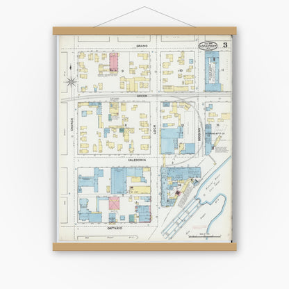 Old map wall art mockup — magnetic wood frame on white wall — Sanborn Fire Insurance Map from Lockport, Niagara County, New York (1892), Sheet #0003