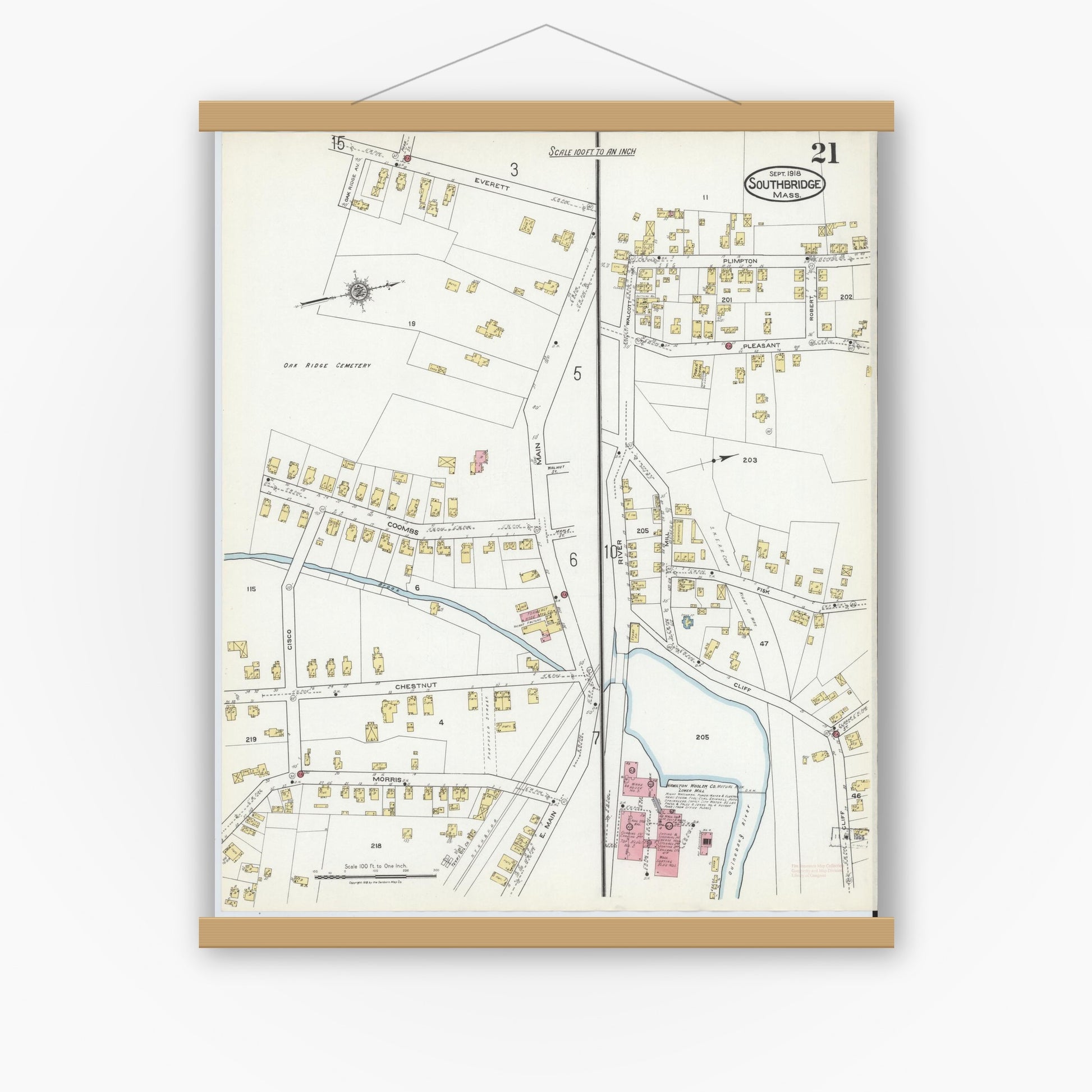 Old map wall art mockup — magnetic wood frame on white wall — Sanborn Fire Insurance Map from Southbridge, Worcester County, Massachusetts (1918), Sheet #0021