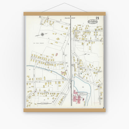 Old map wall art mockup — magnetic wood frame on white wall — Sanborn Fire Insurance Map from Southbridge, Worcester County, Massachusetts (1918), Sheet #0021