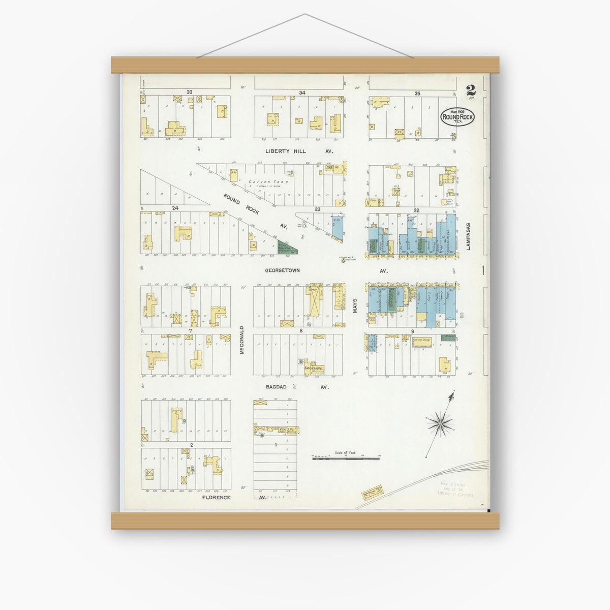 Old map wall art mockup — magnetic wood frame on white wall — Sanborn Fire Insurance Map from Round Rock, Williamson County, Texas (1902), Sheet #0002