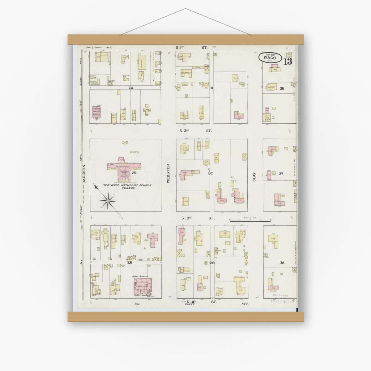 Old map wall art mockup — magnetic wood frame on white wall — Sanborn Fire Insurance Map from Waco, McLennan County, Texas (1889), Sheet #0013