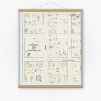 Old map wall art mockup — magnetic wood frame on white wall — Sanborn Fire Insurance Map from Waco, McLennan County, Texas (1889), Sheet #0013