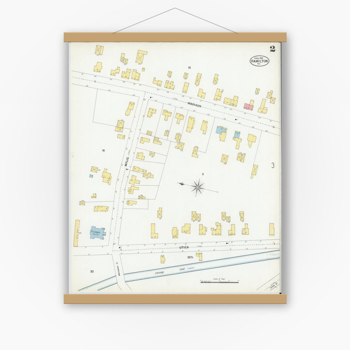 Old map wall art mockup — magnetic wood frame on white wall — Sanborn Fire Insurance Map from Hamilton, Madison County, New York (1901), Sheet #0002