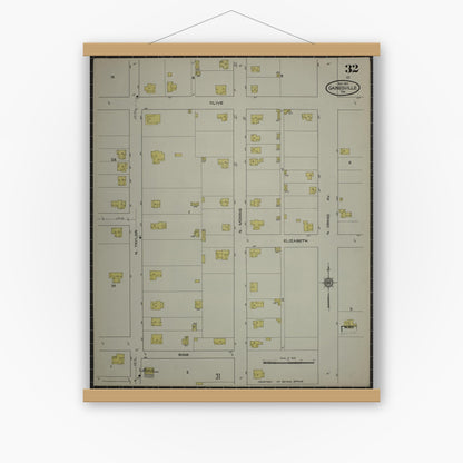 Old map wall art mockup — magnetic wood frame on white wall — Sanborn Fire Insurance Map from Gainesville, Cooke County, Texas (1913), Sheet #0032