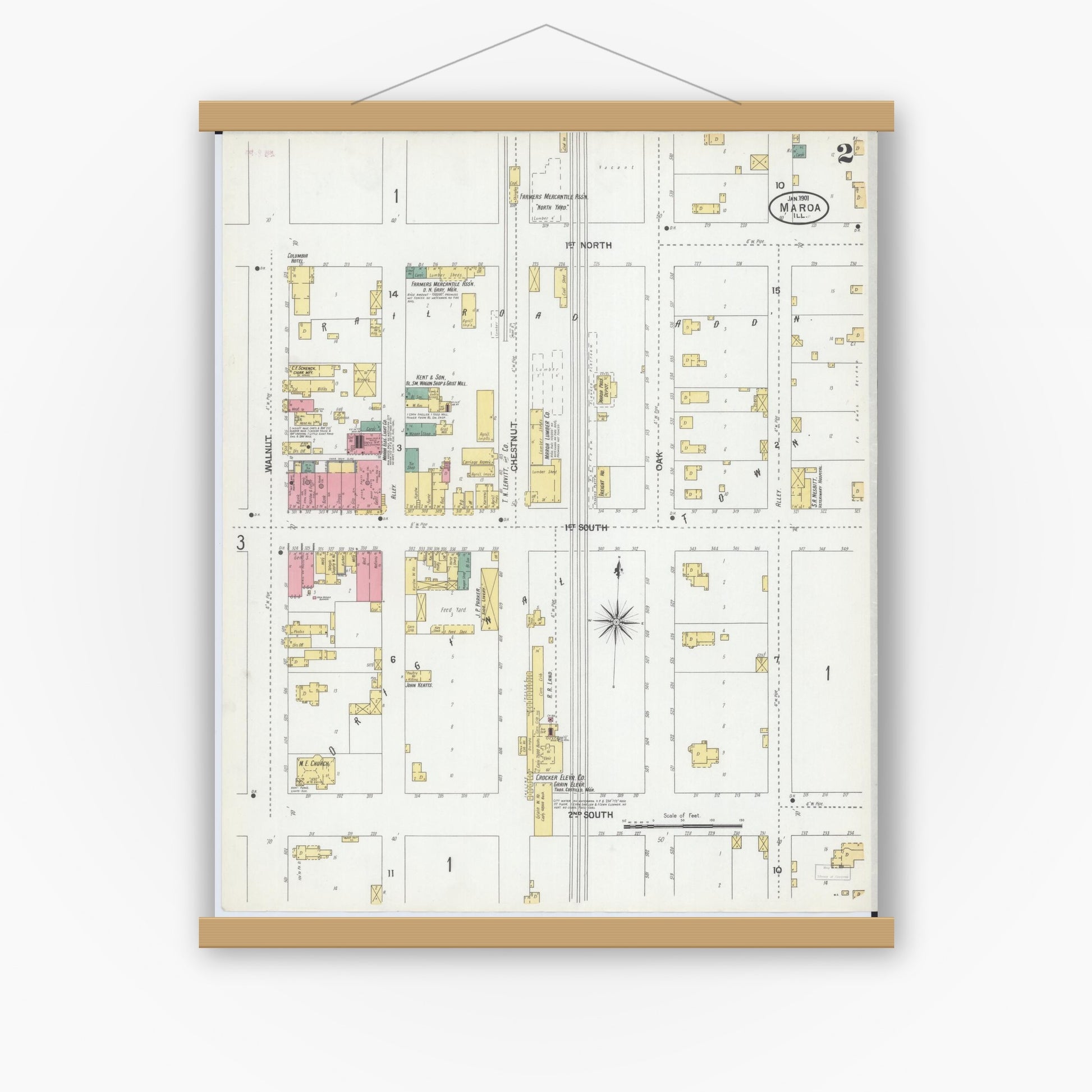 Old map wall art mockup — magnetic wood frame on white wall — Sanborn Fire Insurance Map from Maroa, Macon County, Illinois (1901), Sheet #0002