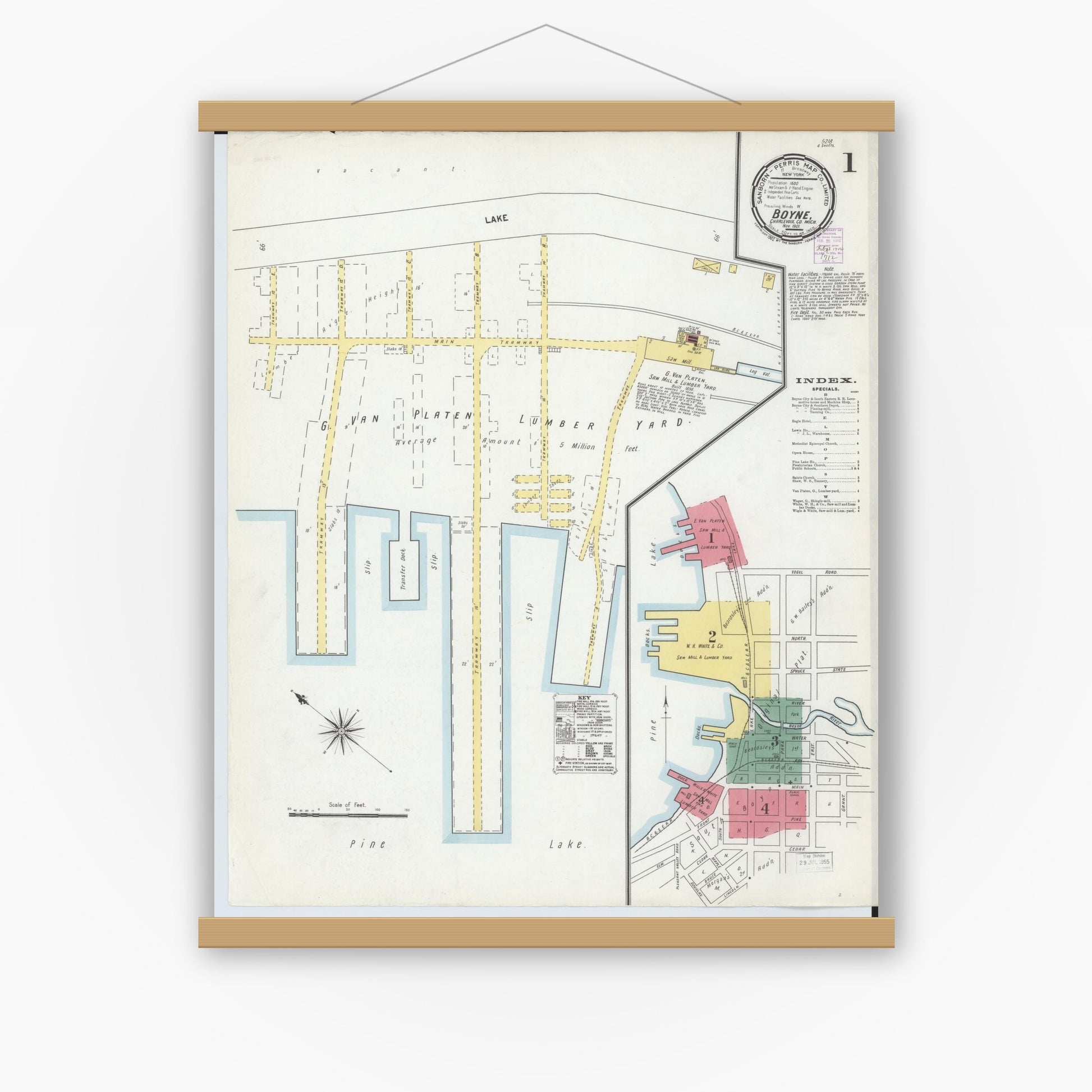 Old map wall art mockup — magnetic wood frame on white wall — Sanborn Fire Insurance Map from Boyne City, Charlevoix County, Michigan (1901), Sheet #0001