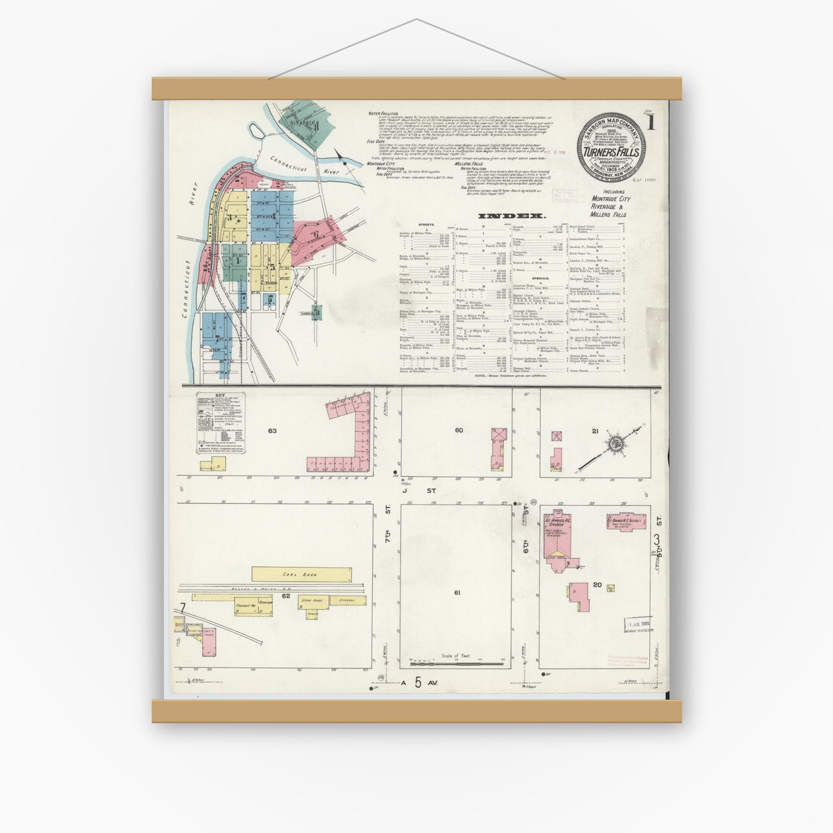 Old map wall art mockup — magnetic wood frame on white wall — Sanborn Fire Insurance Map from Turners Falls, Franklin County, Massachusetts (1909) - Complete Map Set