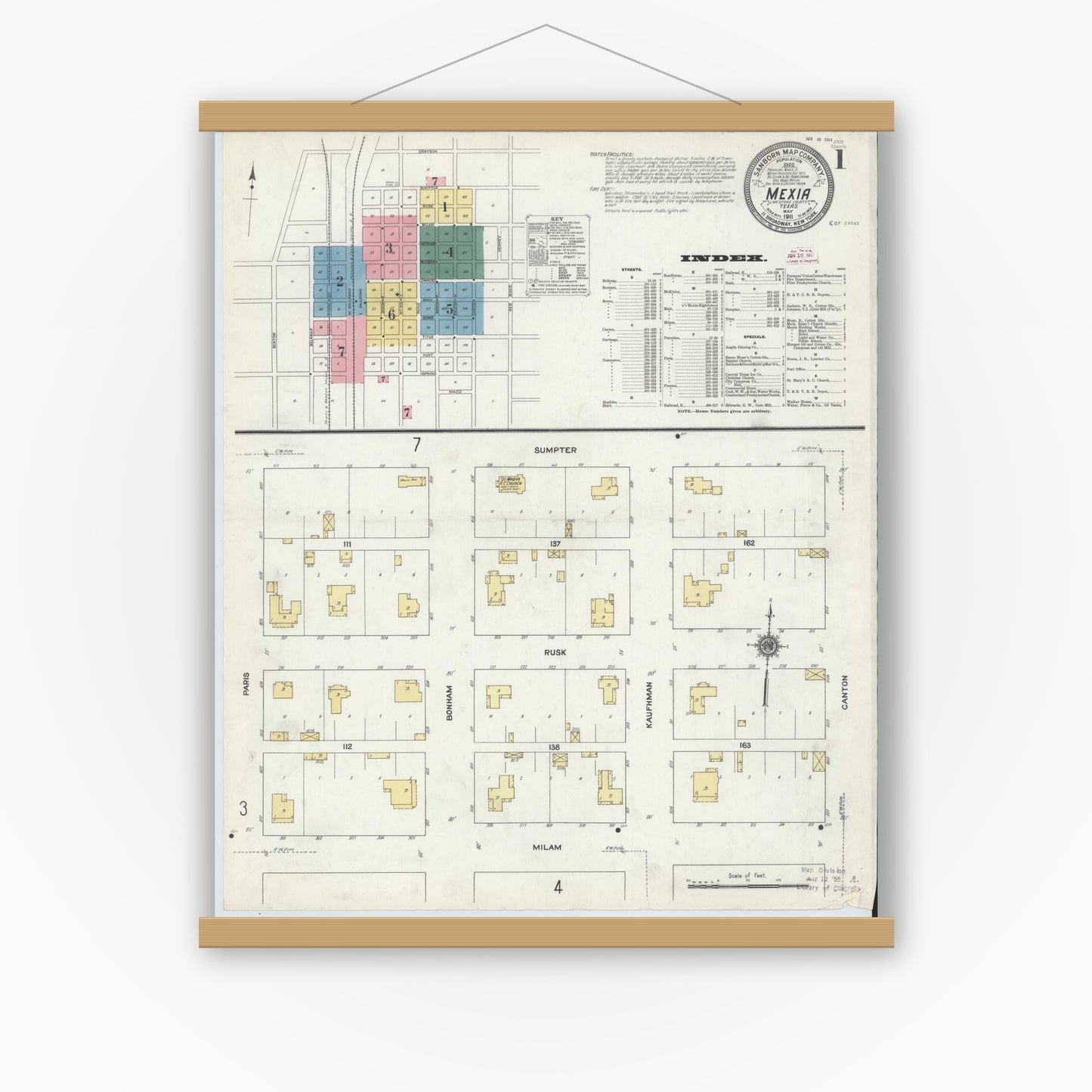 Old map wall art mockup — magnetic wood frame on white wall — Sanborn Fire Insurance Map from Mexia, Limestone County, Texas (1911), Sheet #0001