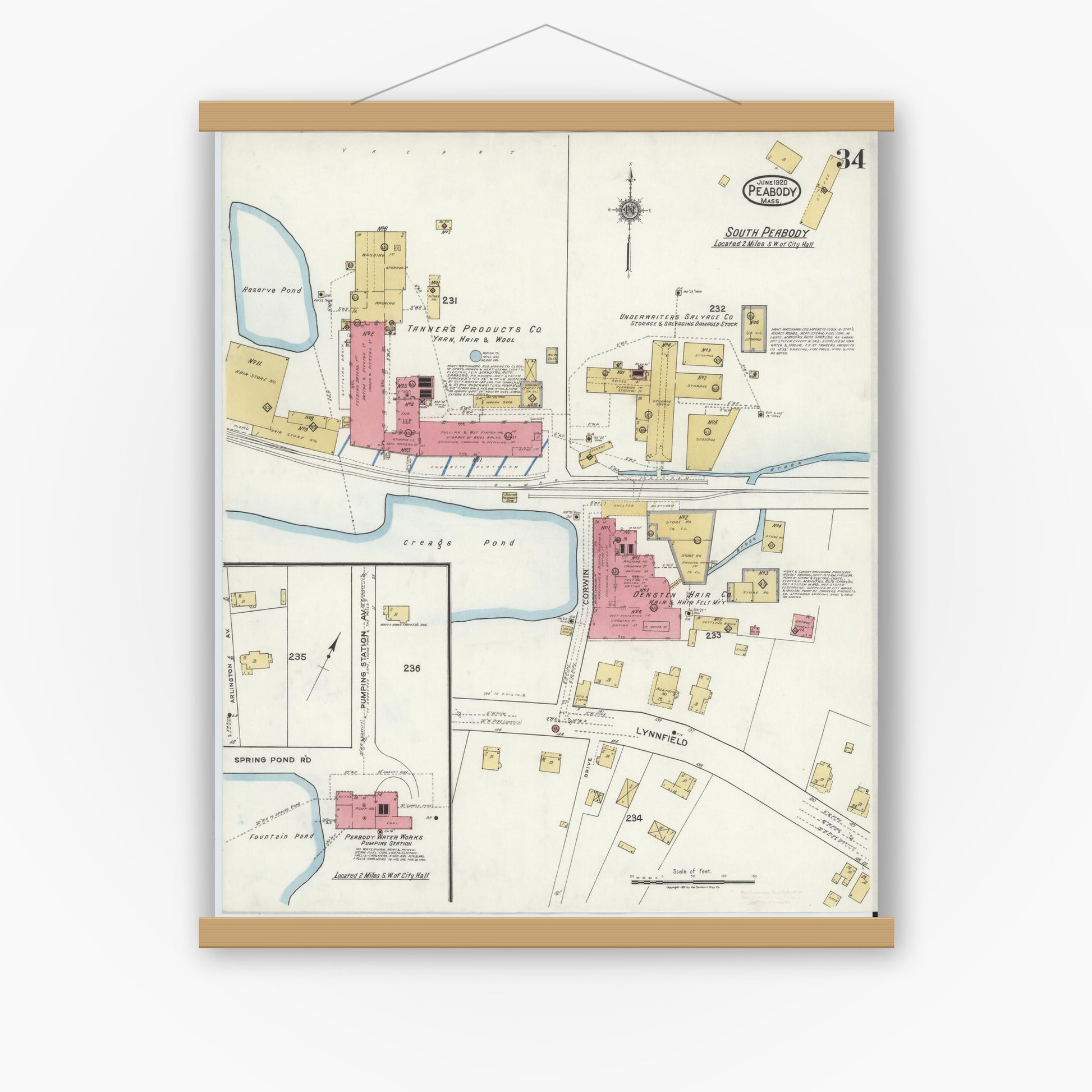 Old map wall art mockup — magnetic wood frame on white wall — Sanborn Fire Insurance Map from Peabody, Essex County, Massachusetts (1920), Sheet #0034