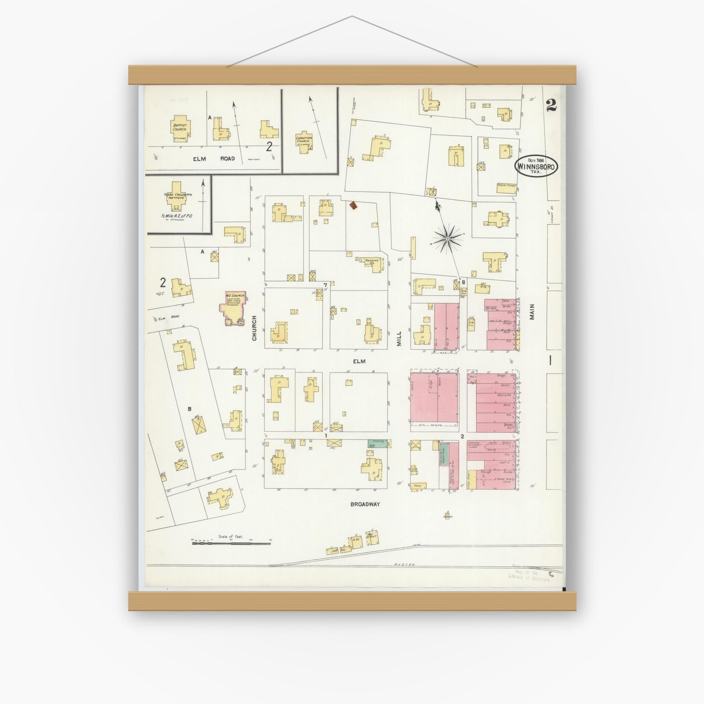 Old map wall art mockup — magnetic wood frame on white wall — Sanborn Fire Insurance Map from Winnsboro, Wood County, Texas (1904), Sheet #0002