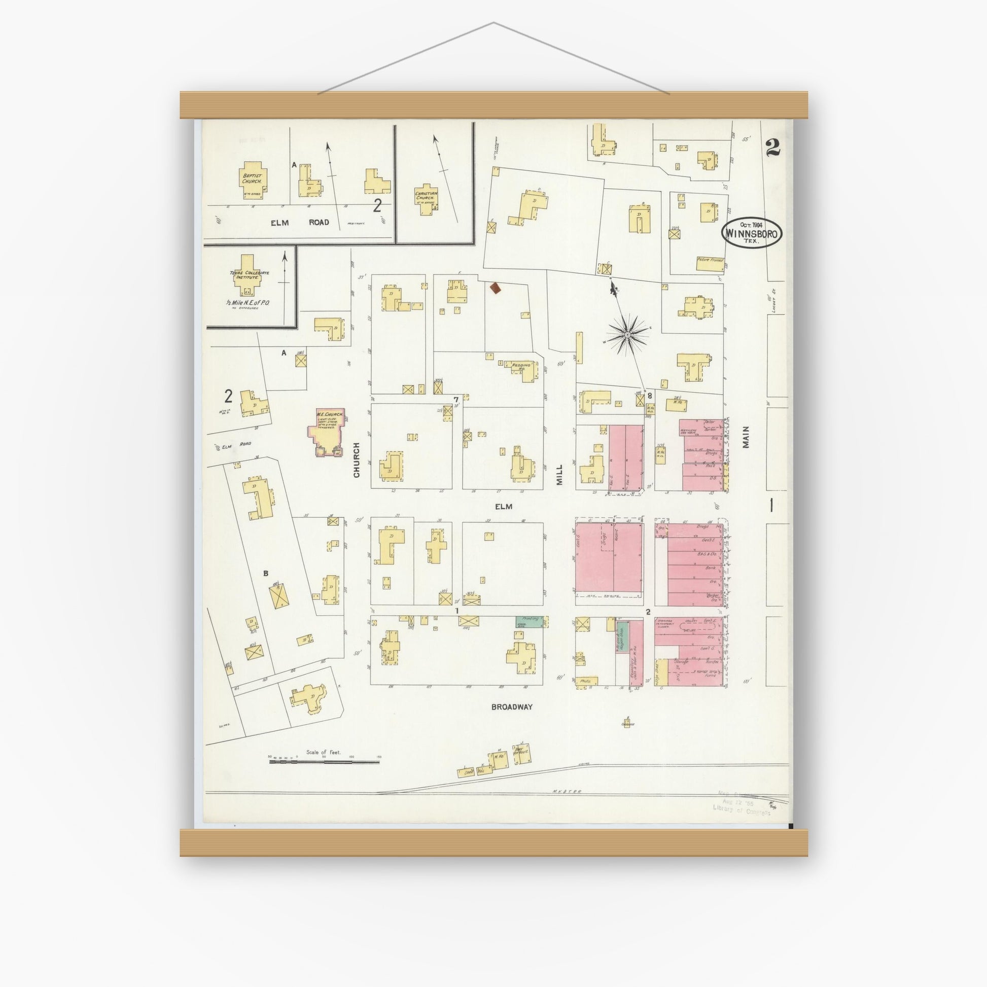 Old map wall art mockup — magnetic wood frame on white wall — Sanborn Fire Insurance Map from Winnsboro, Wood County, Texas (1904), Sheet #0002