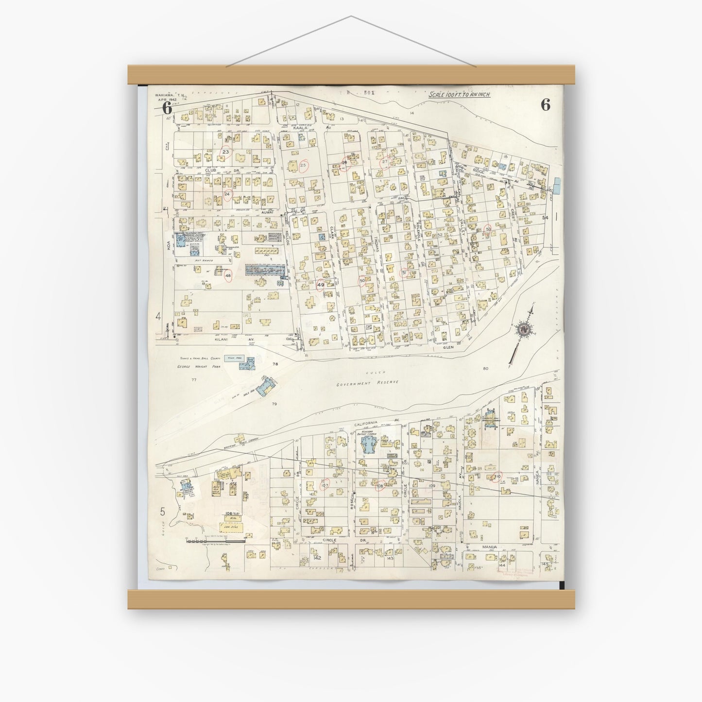Old map wall art mockup — magnetic wood frame on white wall — Sanborn Fire Insurance Map from Wahiawa, Honolulu County, Hawaii (1957), Sheet #0006