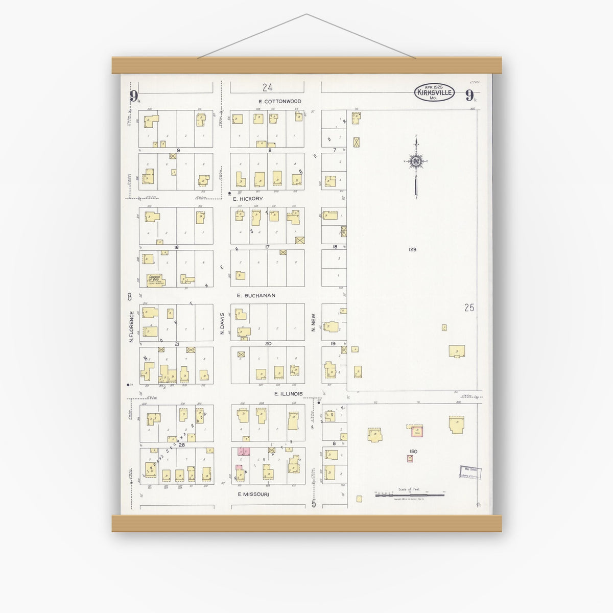 Old map wall art mockup — magnetic wood frame on white wall — Sanborn Fire Insurance Map from Kirksville, Adair County, Missouri (1925), Sheet #0009
