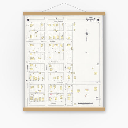 Old map wall art mockup — magnetic wood frame on white wall — Sanborn Fire Insurance Map from Kirksville, Adair County, Missouri (1925), Sheet #0009