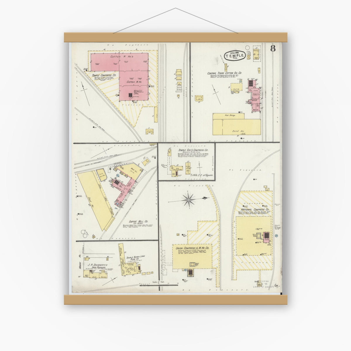 Old map wall art mockup — magnetic wood frame on white wall — Sanborn Fire Insurance Map from Temple, Bell County, Texas (1896), Sheet #0008