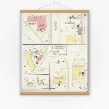Old map wall art mockup — magnetic wood frame on white wall — Sanborn Fire Insurance Map from Temple, Bell County, Texas (1896), Sheet #0008