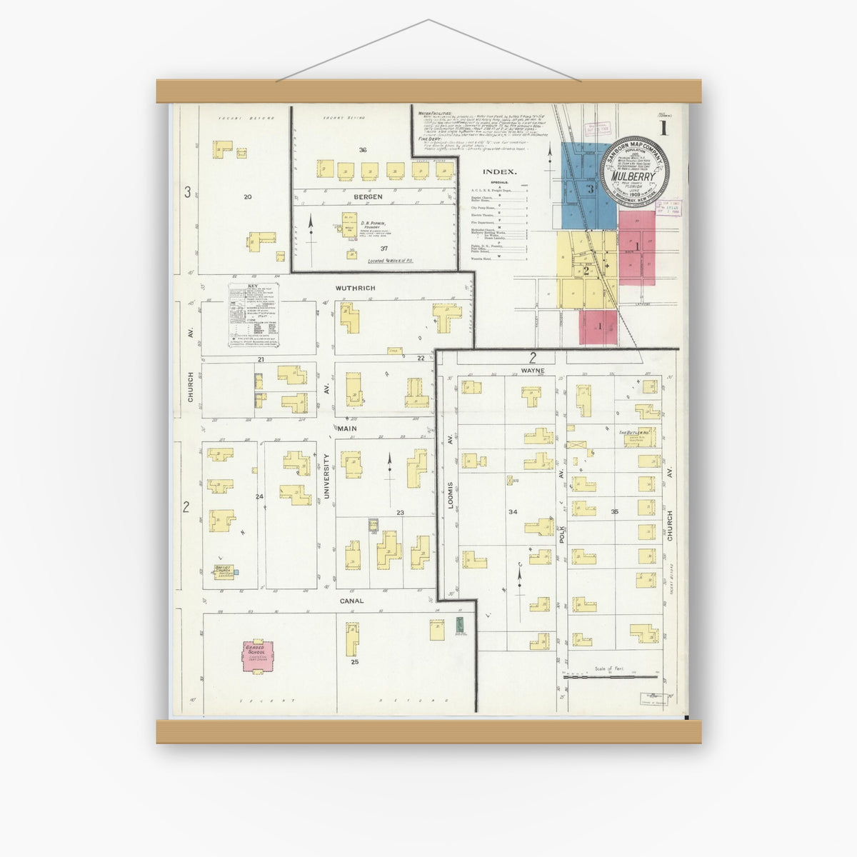 Old map wall art mockup — magnetic wood frame on white wall — Sanborn Fire Insurance Map from Mulberry, Polk County, Florida (1909) - Complete Map Set