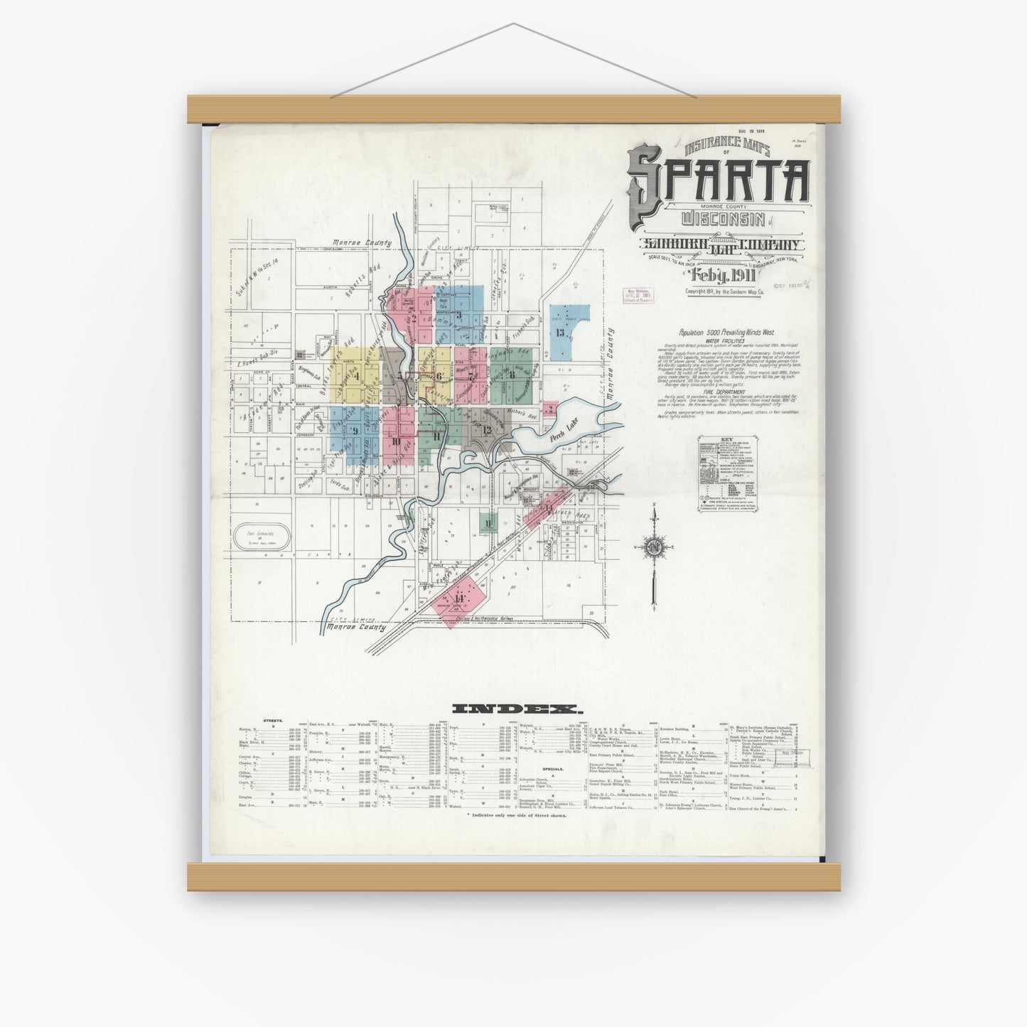 Old map wall art mockup — magnetic wood frame on white wall — Sanborn Fire Insurance Map from Sparta, Monroe County, Wisconsin (1911) - Complete Map Set